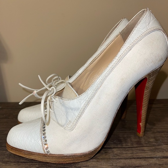 Christian Louboutin Shoes - Christian Louboutin White Crocodile/Fabric shoes with Swarovski Crystals.